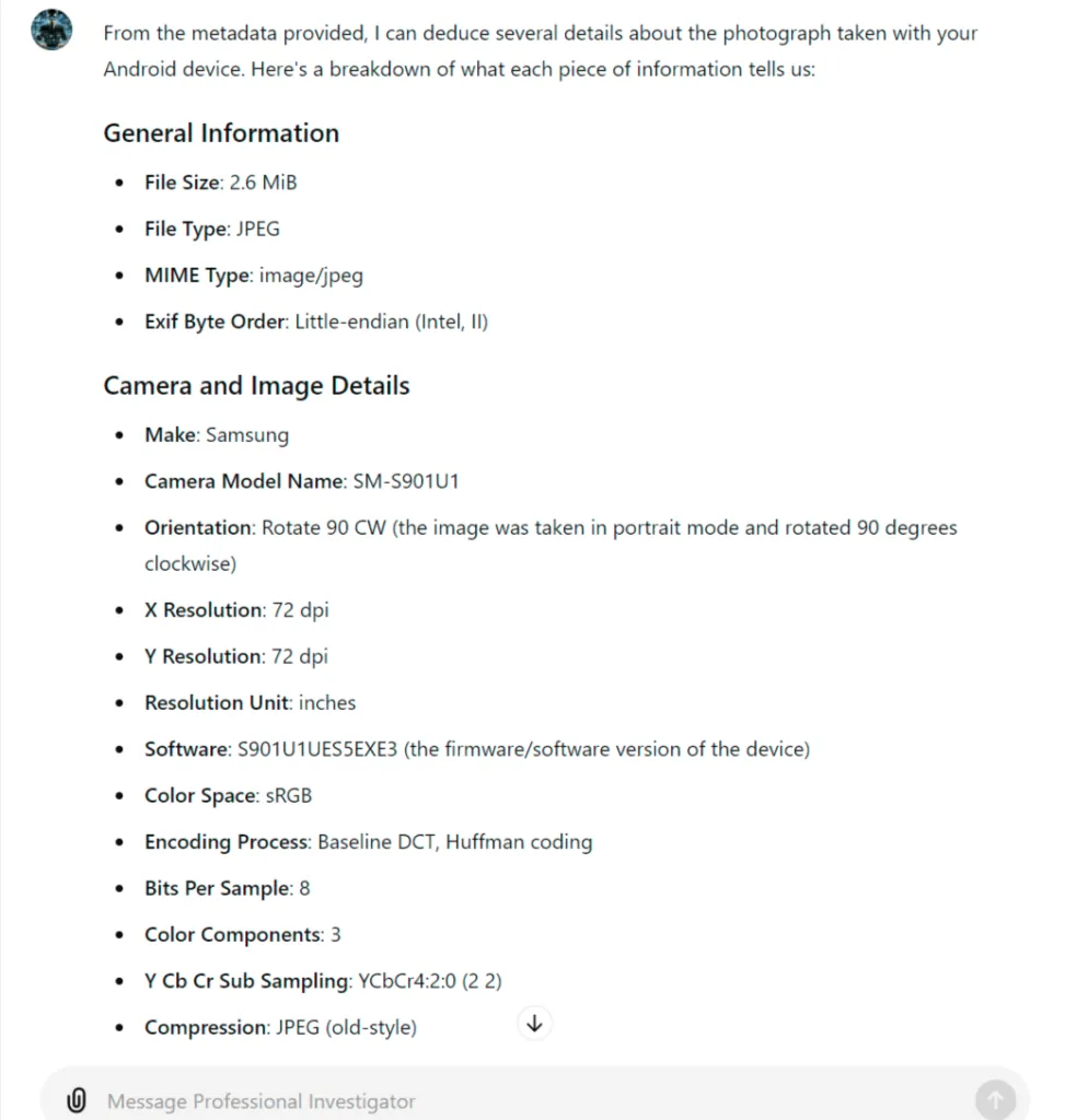 A parsed breakdown of the file listing file size, type, camera make Samsung, model SM-S901U1, orientation, resolution and firmware software version