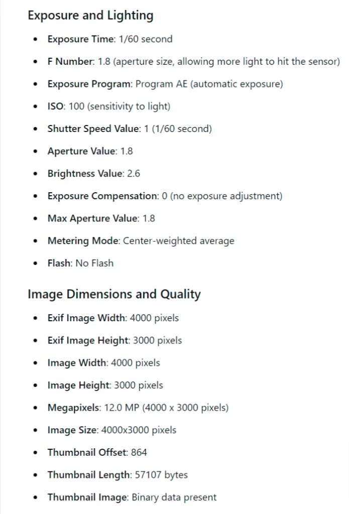 Exposure and lighting values including 1/60 second, f/1.8, ISO 100, and image dimensions of 4000 by 3000