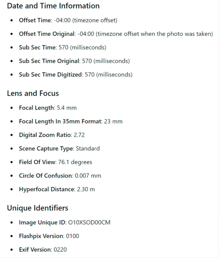 Date and time information showing a UTC offset of minus four hours, sub-second timings, focal length and unique image identifier