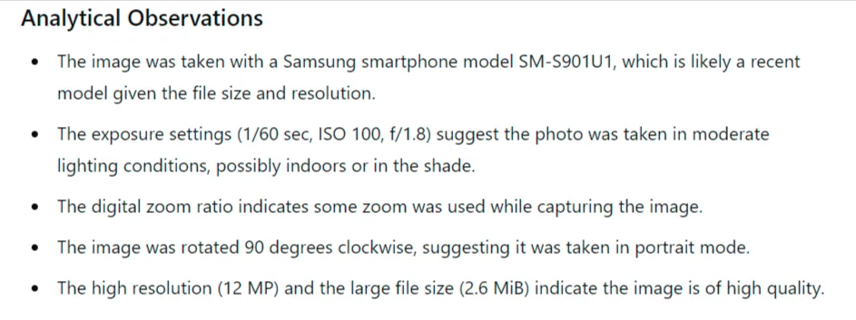 Analytical observations noting the device is a recent Samsung model, settings suggest moderate indoor lighting, digital zoom was used, and the image was rotated 90 degrees