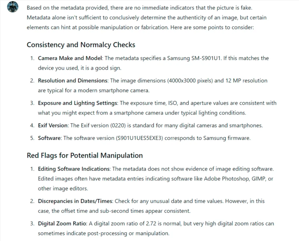 A consistency and normalcy check listing camera model, resolution, exposure and firmware as consistent, followed by red flags for potential manipulation