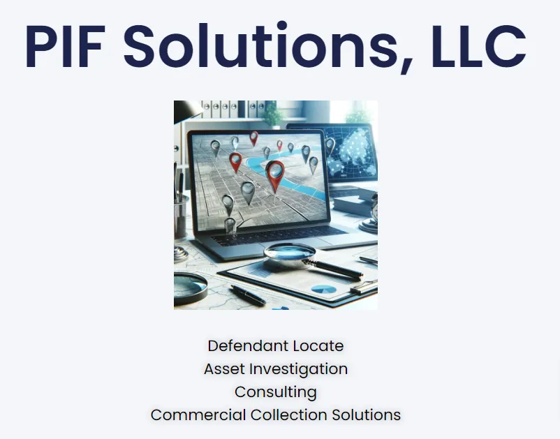 A PIF Solutions LLC card listing defendant locate, asset investigation, consulting and commercial collection solutions