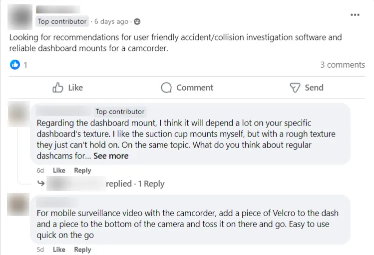 A Facebook group thread asking for recommendations on collision investigation software, with replies offering practical advice