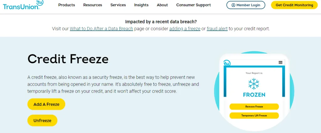 TransUnion credit freeze page with buttons to add or lift a freeze