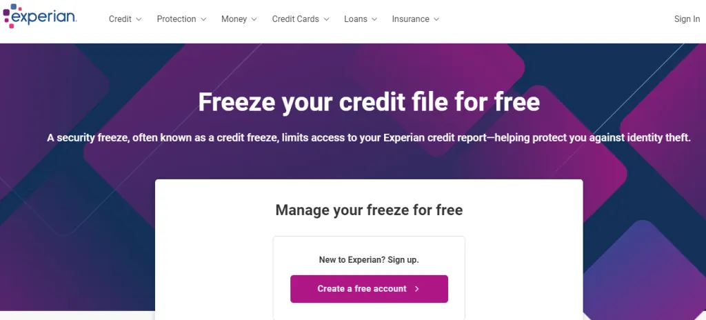 Experian page offering to freeze your credit file for free with a button to create an account