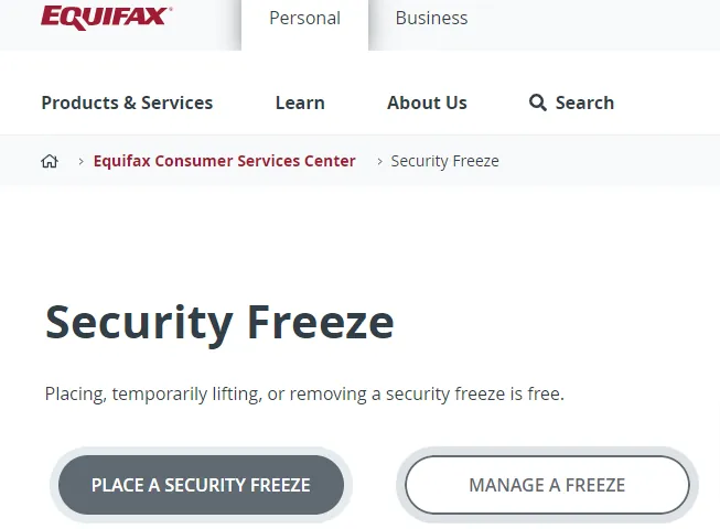 Equifax security freeze page stating that placing, lifting or removing a freeze is free