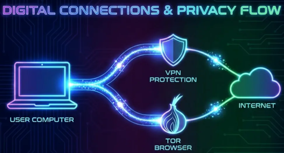 Diagram showing traffic from a user computer passing through either VPN protection or the Tor browser before reaching the internet