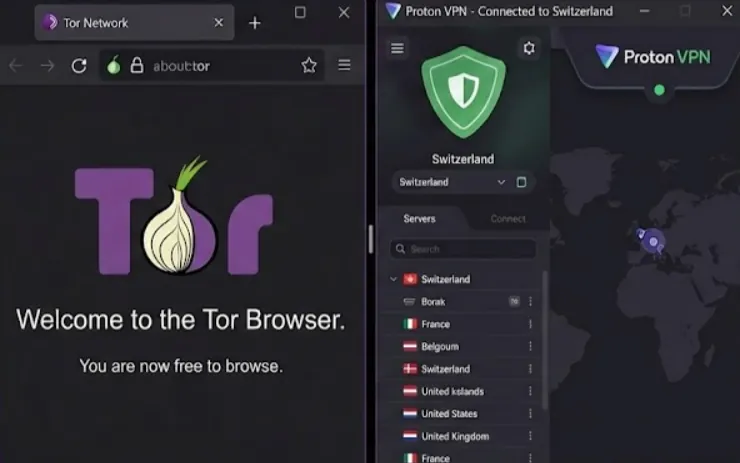 Tor Browser welcome screen open next to a ProtonVPN client connected to Switzerland