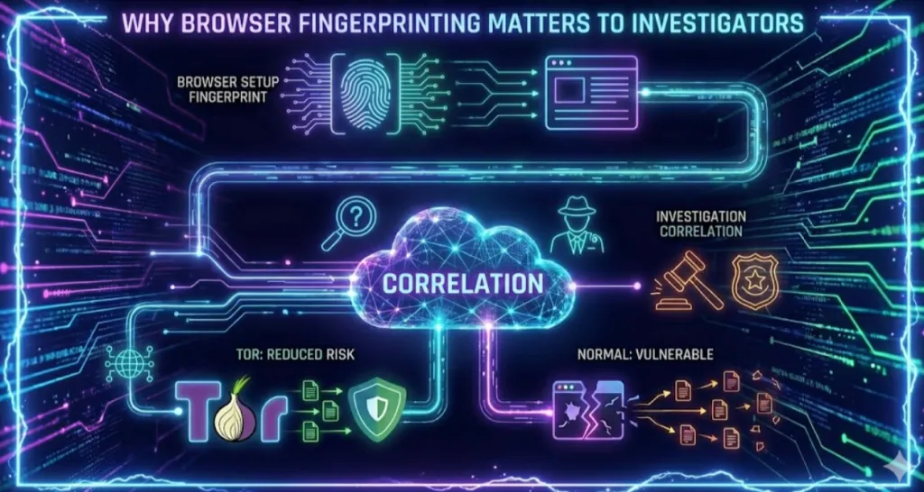 Diagram showing how a browser fingerprint can be correlated with an investigation to link earlier activity to a person