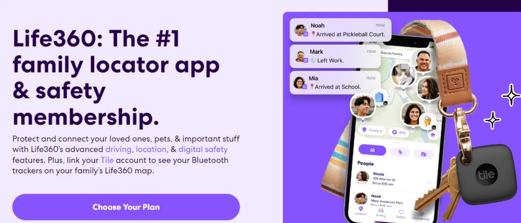 Life360 marketing page describing it as a family locator app and safety membership