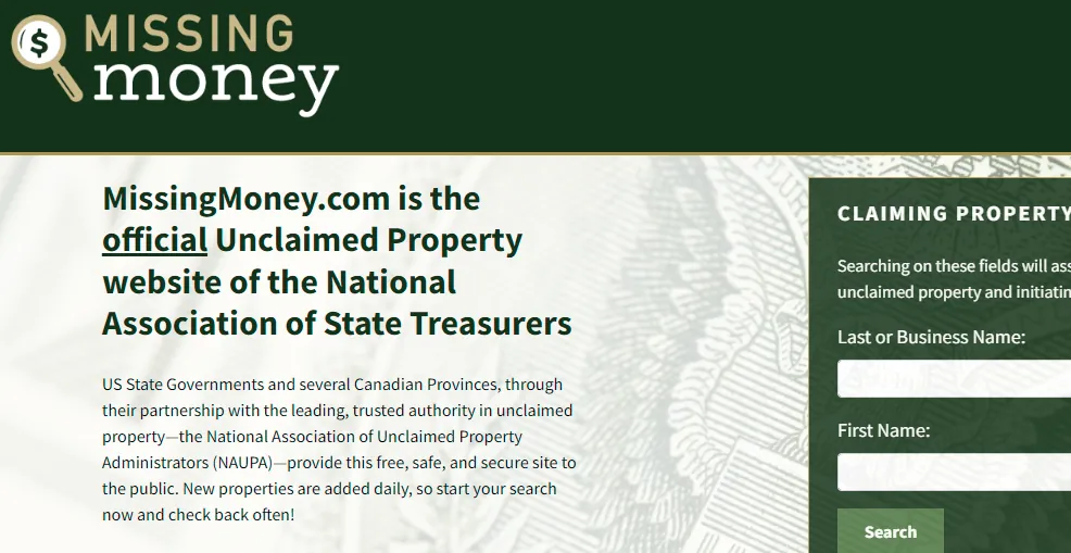 MissingMoney.com search page, the official unclaimed property site of the National Association of State Treasurers