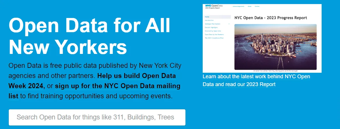 NYC Open Data homepage headed Open Data for All New Yorkers with a search box