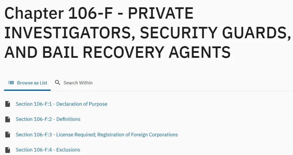 New Hampshire Revised Statutes Chapter 106-F, Private Investigators, Security Guards, and Bail Recovery Agents