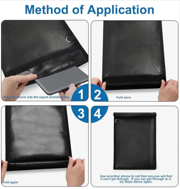 Instruction diagram showing a phone being placed into a Faraday bag and the flap folded and sealed