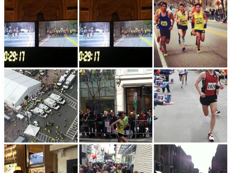Media results grid from a geocoded X search around the Boston Marathon finish line on 15 April 2013