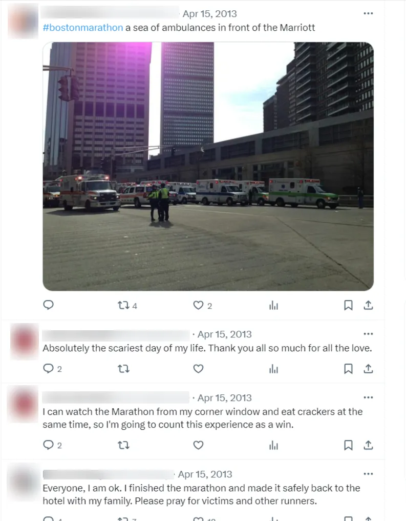 Text posts returned by the same geocoded search, from accounts at the scene on the day