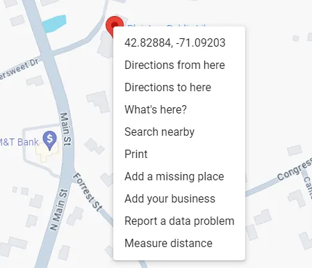 Google Maps right-click menu showing coordinates 42.82884, -71.09203 at the top