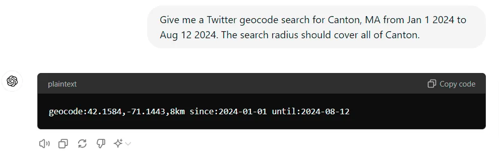 A chat assistant returning the query geocode:42.1586,-71.1441,4km since:2024-01-01 until:2024-08-12