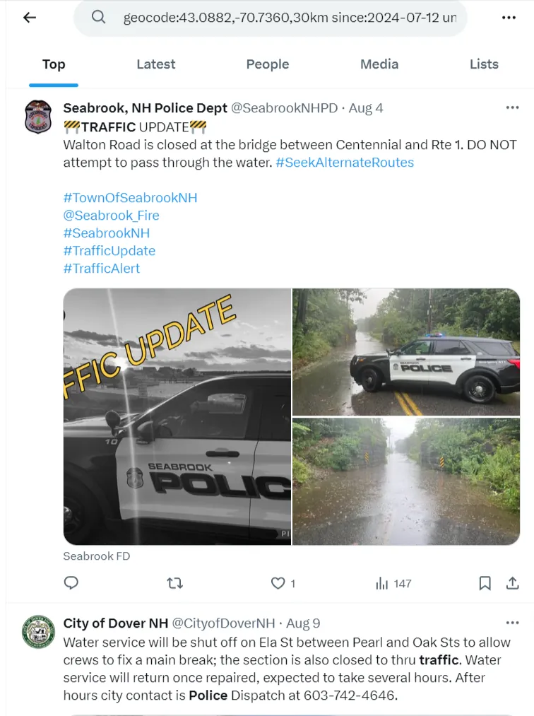 Geocoded search results for Seabrook, New Hampshire showing local police and municipal accounts posting traffic updates