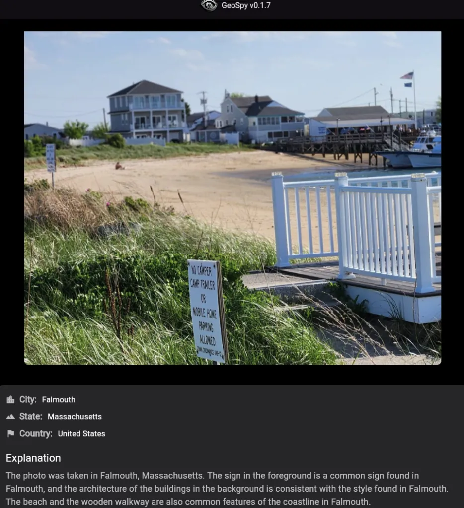 GeoSpy analysing a coastal boardwalk photo and returning Falmouth, Massachusetts with a written explanation