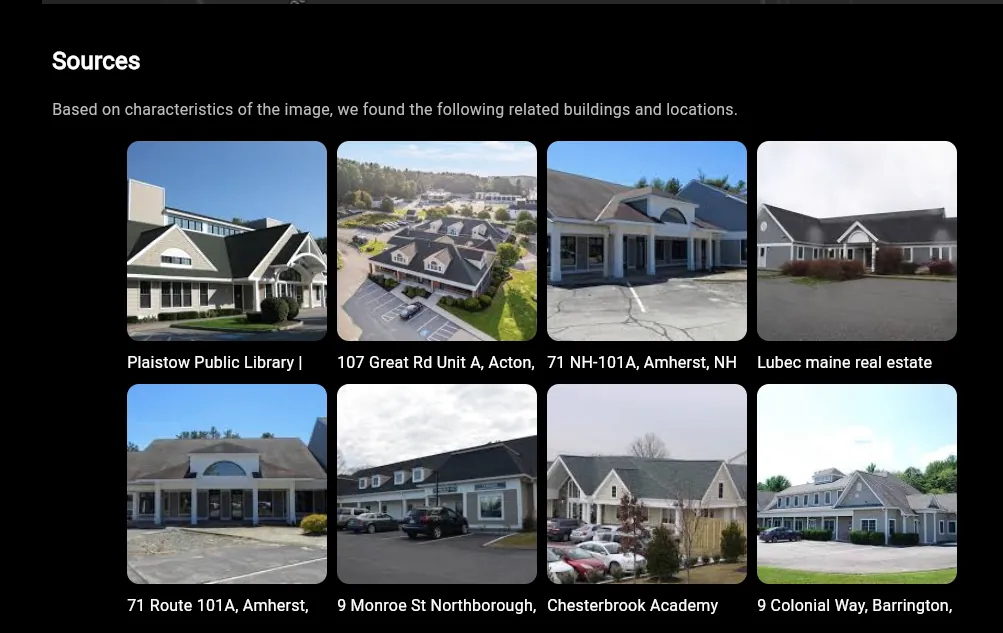 A sources panel showing candidate buildings and locations matched to the submitted photograph